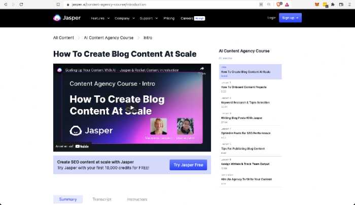 Screenshot of the Jasper.ai Content Agency Course